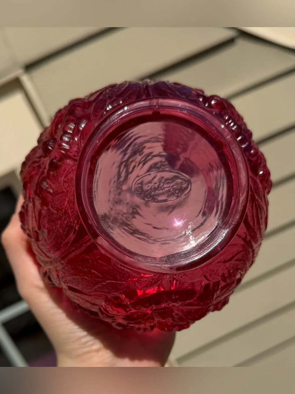 Fenton 1970s Cranberry Rose Poppy Embossed Flowers Crimped Top Rose Bowl Vase